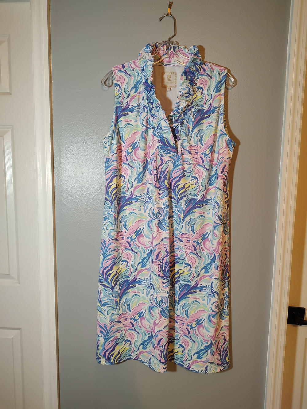 Sleeveless Ruffle V-Neck Pastel Swirl Dress